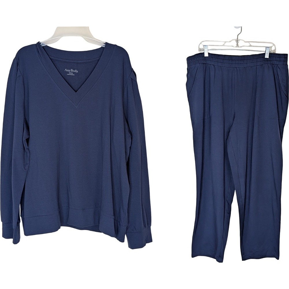 AnyBody Lounge Set Womens XL Navy Blue Cozy Knit French Terry V-Neck Pants